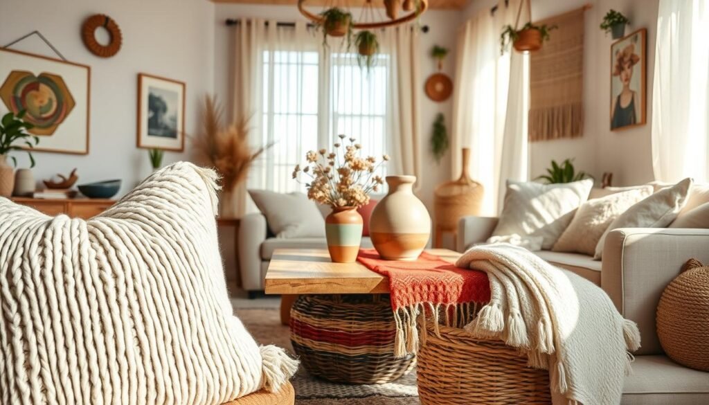A beautifully styled boho living room showcasing a rich tapestry of textures. In the foreground, a plush, oversized macrame throw pillow and a handmade woven basket filled with soft, colorful throw blankets. In the middle, a rustic wooden coffee table adorned with a vibrant, textured table runner and an artisan ceramic vase filled with dried flowers. The background features soft, neutral-toned walls decorated with eclectic art, layered textiles, and hanging plants. Natural light floods the room through sheer curtains, casting gentle shadows and creating a warm, inviting atmosphere. The scene is captured from a slightly elevated angle to emphasize the cozy, lived-in feel, ideal for transforming space with soul and character.