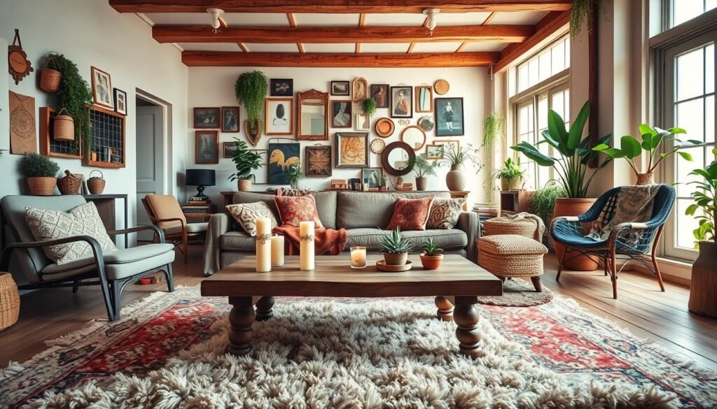 A cozy bohemian living room featuring an eclectic mix of decor elements. In the foreground, a plush, colorful area rug lies beneath a low wooden coffee table adorned with candles and small potted plants. The middle ground showcases a vintage sofa with patterned cushions and throw blankets, surrounded by mismatched chairs. A gallery wall filled with art pieces and mirrors adds personality. In the background, large windows let in warm, natural light, illuminating exposed wooden beams and indoor plants. The atmosphere is inviting and relaxed, capturing the essence of boho-chic style. Use soft, diffused lighting and a wide-angle lens to enhance the depth and warmth of the space, evoking a sense of comfort and creativity.