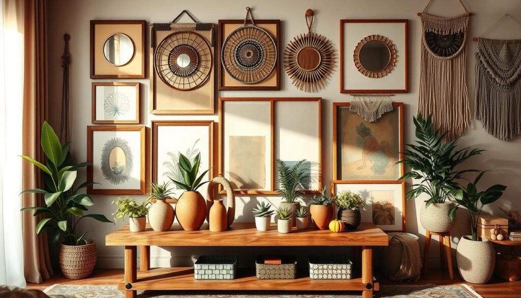 A cozy boho gallery wall layout in a stylish living room, featuring an eclectic mix of framed art, woven tapestries, and decorative mirrors. In the foreground, a vintage wooden console table adorned with vibrant potted plants and textured vases. The middle ground showcases a variety of artwork in different frame styles, blending natural wood tones with soft, earthy colors. In the background, a warm, inviting atmosphere is created with soft, filtered sunlight streaming through sheer curtains, casting gentle shadows. The decor includes macrame wall hangings, colorful prints, and a soothing color palette of terracotta, greens, and creams. The mood is relaxed and artistic, illustrating the fusion of personality and creativity in a boho-chic living space. Realistic, photorealistic quality, with a focus on textures and details to enhance the visual appeal.