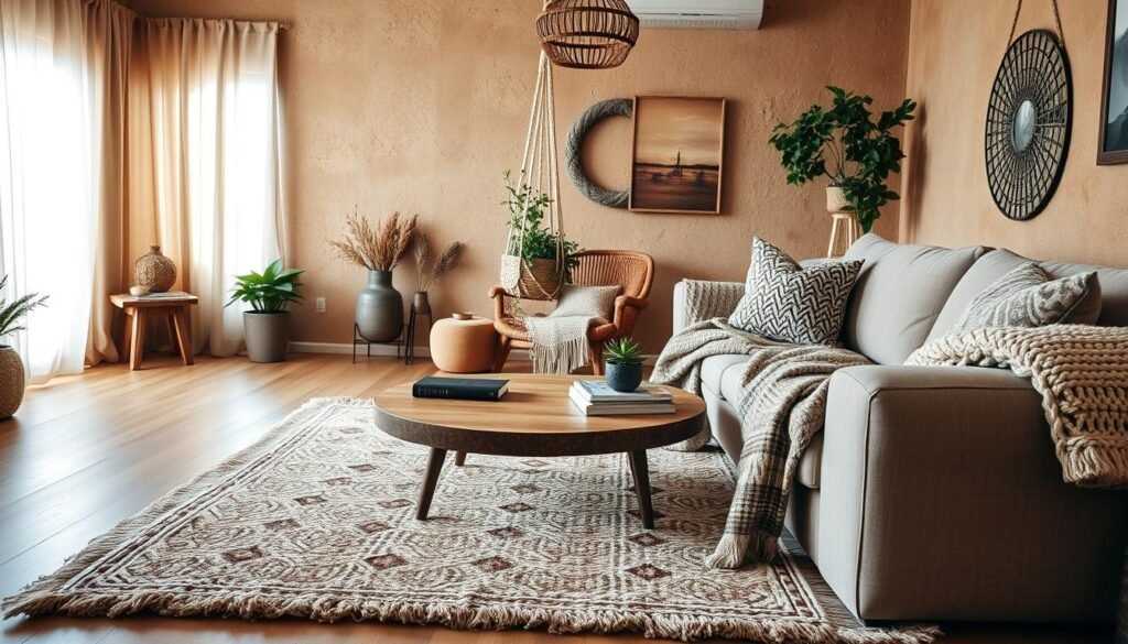 A cozy boho living room featuring textured decor, shot from a slightly elevated angle to capture the inviting atmosphere. In the foreground, a plush, woven rug with intricate patterns lays on a natural wood floor. A soft, oversized beige sofa adorned with a mix of patterned cushions faces a low, round coffee table made of reclaimed wood, artfully strewn with a few coffee table books and a small succulent. In the middle ground, a cozy armchair draped with a chunky knit throw complements a hanging macramé plant holder brimming with greenery. The background showcases textured walls with warm earth tones and tasteful wall art, illuminated by soft, diffused daylight streaming through sheer curtains, creating a tranquil and inviting ambiance perfect for relaxation.