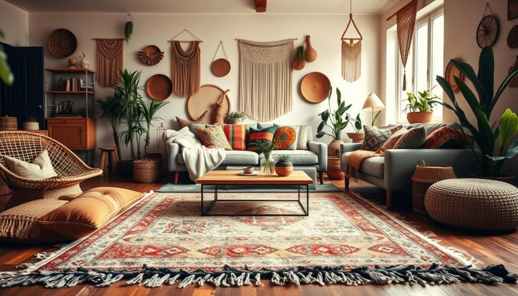 A cozy boho living room scene featuring eight distinct ideas, showcasing rich textures and soulful decor. In the foreground, a plush, patterned area rug spices up the space with earthy tones, surrounded by mismatched cushions on a low, wooden coffee table. The middle layer includes a variety of furniture designs: a rattan chair, a sleek mid-century sofa adorned with vibrant throw blankets, and shelves filled with artisanal decor. In the background, large windows let in warm, natural light, enhancing the ambiance. Macrame wall hangings and potted plants add layers of texture and life. The atmosphere is inviting and serene, perfect for relaxation and creativity. Use a soft-focus lens to create a dreamy effect, capturing the essence of bohemian style.