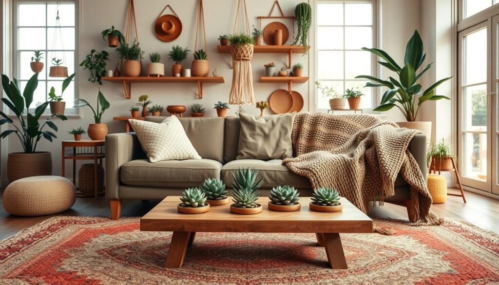 A cozy boho living room scene that showcases budget-friendly interior design tips. In the foreground, a plush, low coffee table adorned with handmade coasters and an array of succulents sits on a vibrant woven rug. Soft, textured throw pillows in earthy tones are scattered on a low-profile couch draped with a knitted blanket. The middle section features wall-mounted shelves with an assortment of plant-filled macramé hangers and thrifted decorative items, creating an inviting atmosphere. In the background, large windows let in warm, natural light, illuminating the space with a golden hue. The overall mood is relaxed and homey, emphasizing sustainable decor choices and a welcoming aesthetic in a beautifully designed boho-inspired living room.