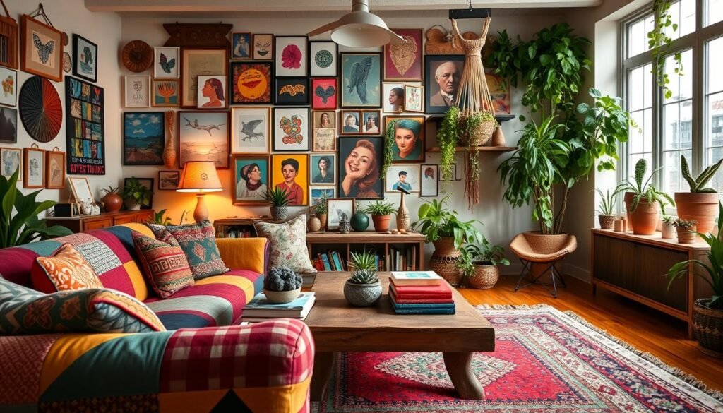 A vibrant, eclectic living room design that masterfully combines various styles and textures. In the foreground, a cozy, multi-colored patchwork sofa adorned with an array of patterned throw pillows, inviting warmth. Mid-ground features a rustic wooden coffee table adorned with books, succulents, and a colorful woven rug beneath, adding a boho vibe. The background reveals an eye-catching gallery wall filled with diverse art pieces, alongside macramé hangings and lush green plants cascading from shelves. Soft, natural lighting filters through large windows, casting warm glows that enhance the inviting atmosphere. The room exudes a harmonious blend of bohemian and contemporary styles, showcasing an effortless mix of colors, patterns, and personal touches, embodying the essence of creativity and comfort.